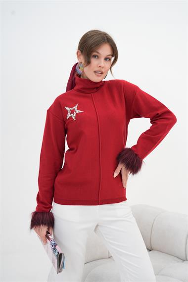 FTZ Women Kadın Yapıştırma Taş Detaylı Bluz  Bordo 20842