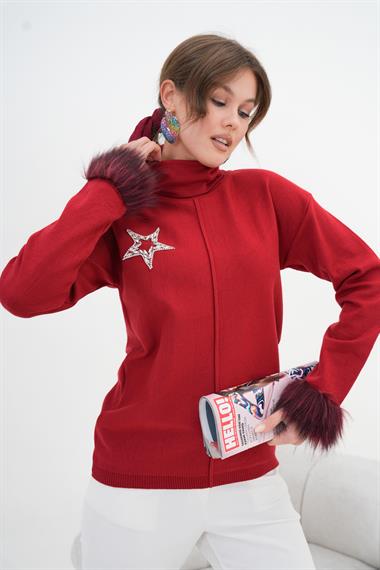 FTZ Women Kadın Yapıştırma Taş Detaylı Bluz  Bordo 20842