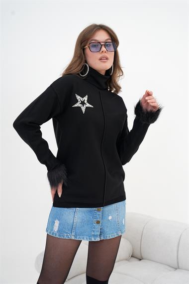 FTZ Women Kadın Yapıştırma Taş Detaylı Bluz  Siyah 20842