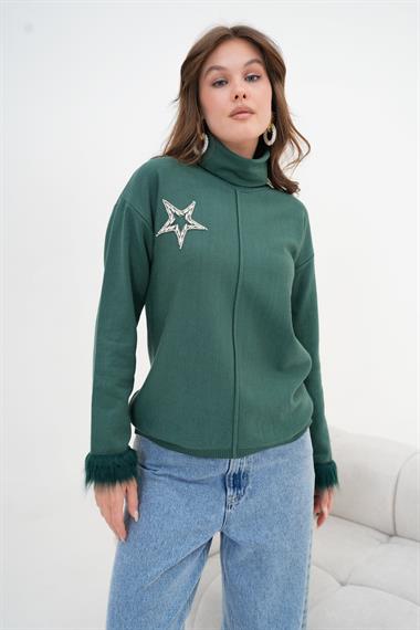 FTZ Women Kadın Yapıştırma Taş Detaylı Bluz  Su Yeşili 20842