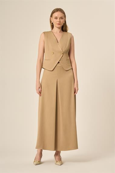 FTZ Women Kadın Yelek Etek Çizgili Takım  Beige 31147