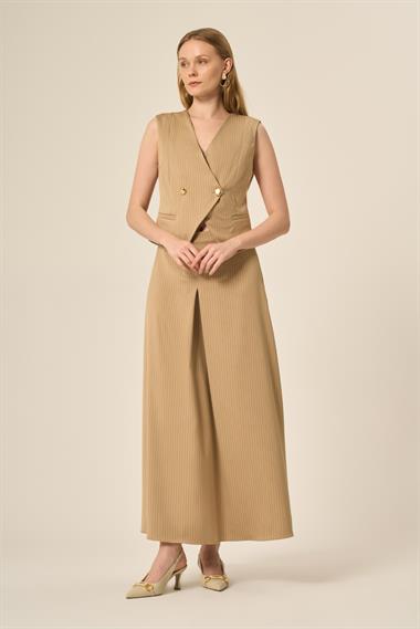 FTZ Women Kadın Yelek Etek Çizgili Takım  Beige 31147