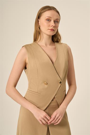 FTZ Women Kadın Yelek Etek Çizgili Takım  Beige 31147