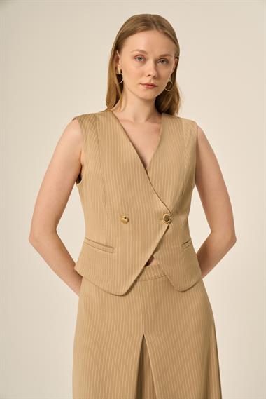 FTZ Women Kadın Yelek Etek Çizgili Takım  Beige 31147