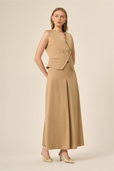 FTZ Women Kadın Yelek Etek Çizgili Takım  Beige 31147