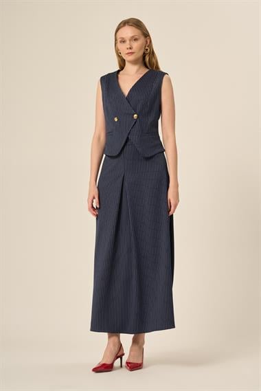 FTZ Women Kadın Yelek Etek Çizgili Takım  Lacivert 31147