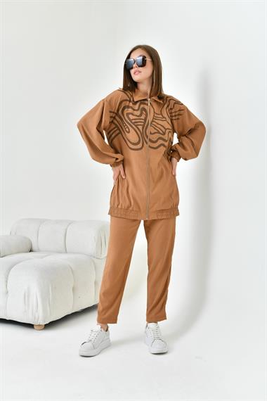 FTZ Women Kadın Baskı Taş Detay Takım  Kakao 30826