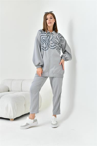 FTZ Women Kadın Baskı Taş Detay Takım  Gri 30826