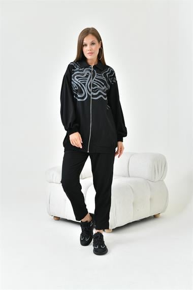 FTZ Women Kadın Baskı Taş Detay Takım  Siyah 30826