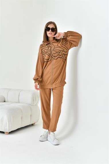FTZ Women Kadın Baskı Taş Detay Takım  Kakao 30826