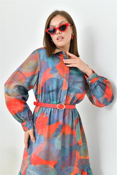 FTZ Women Kadın Desenli Elbise  Mercan 30852