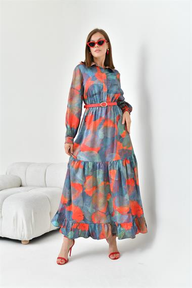 FTZ Women Kadın Desenli Elbise  Mercan 30852