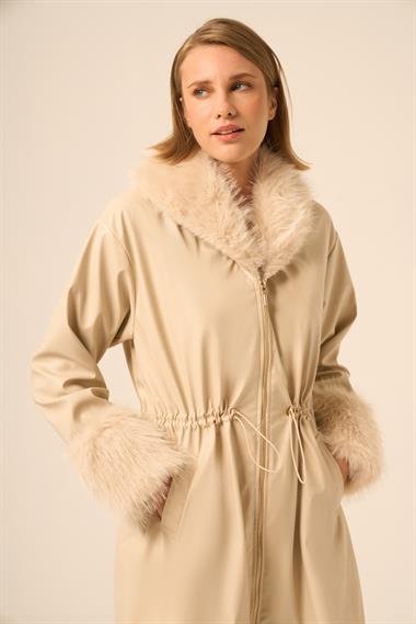 FTZ Women Kadın Kürk Yaka Deri Kaban  Beige 31242