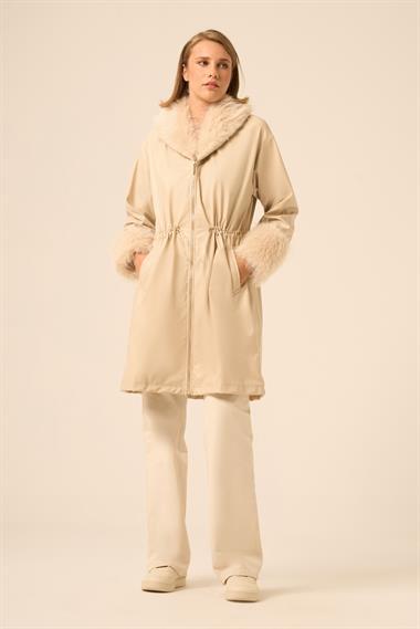 FTZ Women Kadın Kürk Yaka Deri Kaban  Beige 31242