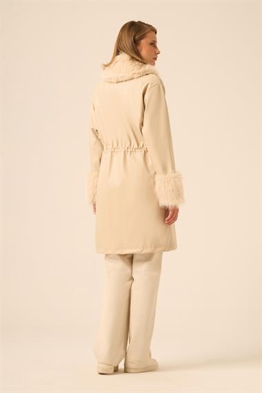 FTZ Women Kadın Kürk Yaka Deri Kaban  Beige 31242