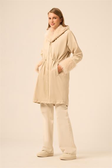 FTZ Women Kadın Kürk Yaka Deri Kaban  Beige 31242