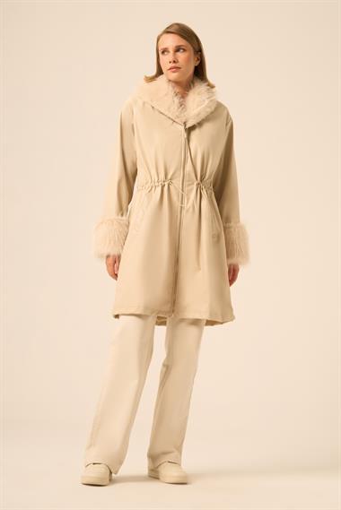 FTZ Women Kadın Kürk Yaka Deri Kaban  Beige 31242