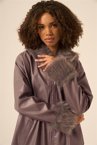 FTZ Women Kadın Kürk Yaka Deri Kaban  Füme 31242