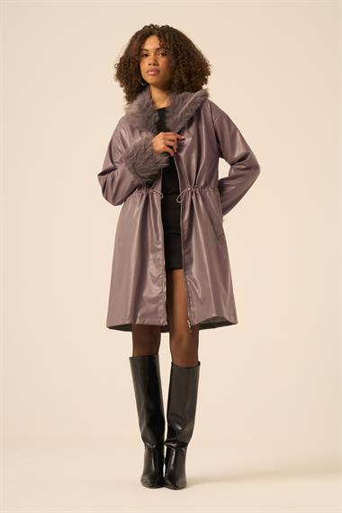 FTZ Women Kadın Kürk Yaka Deri Kaban  Füme 31242