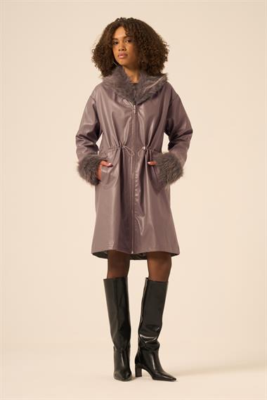 FTZ Women Kadın Kürk Yaka Deri Kaban  Füme 31242