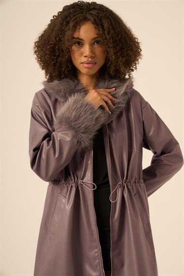 FTZ Women Kadın Kürk Yaka Deri Kaban  Füme 31242