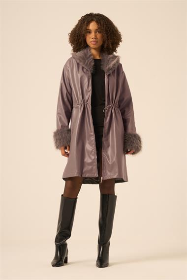 FTZ Women Kadın Kürk Yaka Deri Kaban  Füme 31242