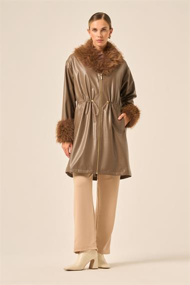 FTZ Women Kadın Kürk Yaka Deri Kaban  Kahve 31242