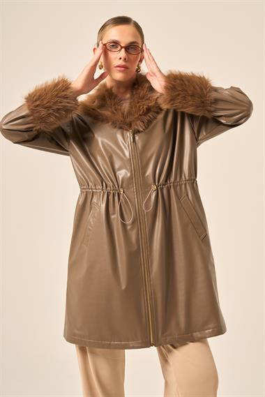 FTZ Women Kadın Kürk Yaka Deri Kaban  Kahve 31242