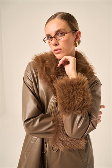 FTZ Women Kadın Kürk Yaka Deri Kaban  Kahve 31242