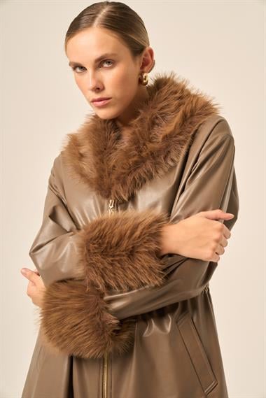 FTZ Women Kadın Kürk Yaka Deri Kaban  Kahve 31242