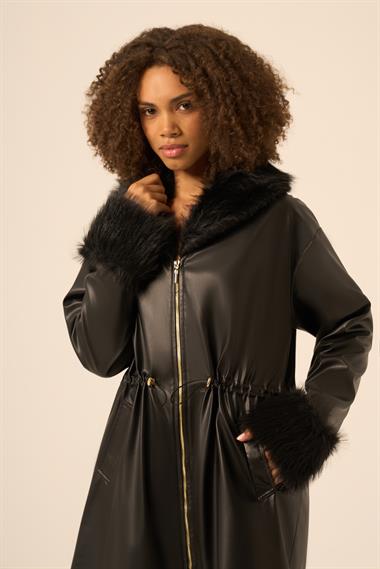 FTZ Women Kadın Kürk Yaka Deri Kaban  Siyah 31242