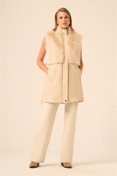 FTZ Women Kadın Pelüs Detay Deri Yelek  Beige 31243