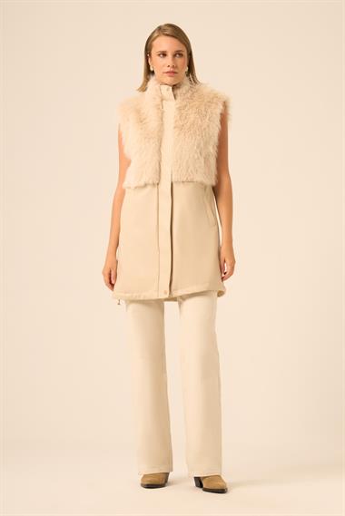 FTZ Women Kadın Pelüs Detay Deri Yelek  Beige 31243