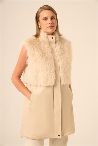 FTZ Women Kadın Pelüs Detay Deri Yelek  Beige 31243