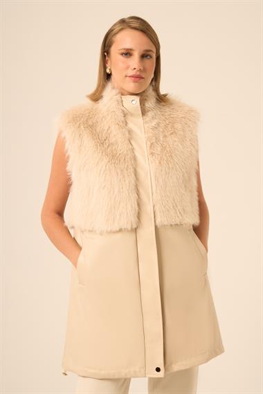 FTZ Women Kadın Pelüs Detay Deri Yelek  Beige 31243