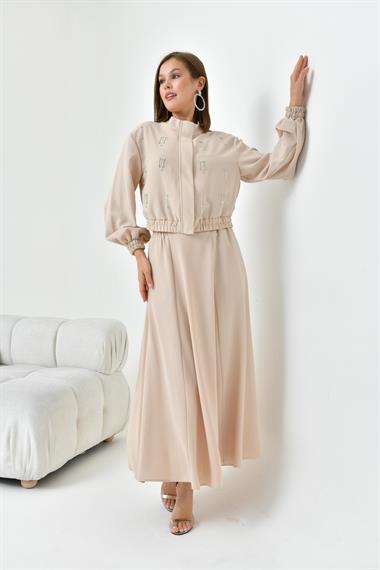 FTZ Women Kadın Simli Crep Etekli Takım  Beige 30839