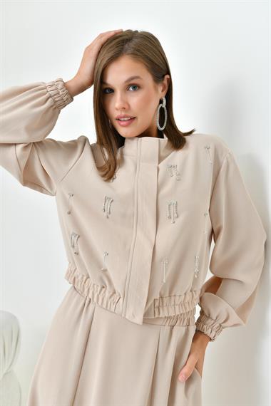FTZ Women Kadın Simli Crep Etekli Takım  Beige 30839