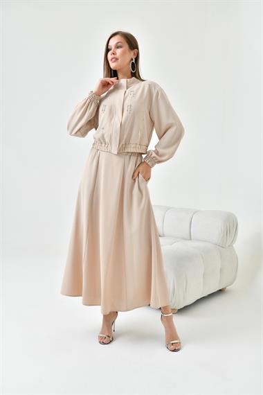 FTZ Women Kadın Simli Crep Etekli Takım  Beige 30839
