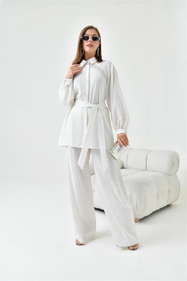FTZ Women Kadın Simli Krep Takım  Ekru 30844
