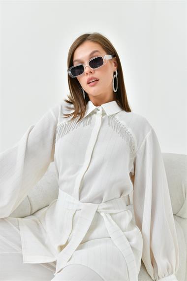 FTZ Women Kadın Simli Krep Takım  Ekru 30844