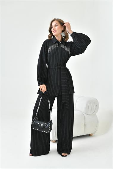 FTZ Women Kadın Simli Krep Takım  Siyah 30844