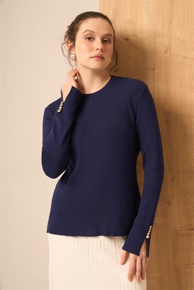 FTZ Women Düğme Detaylı Kazak  Lacivert 25203