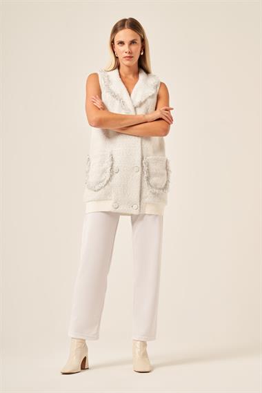 FTZ Women Kadın Kruvaze Düğme  Detaylı Yelek  Ekru 20763