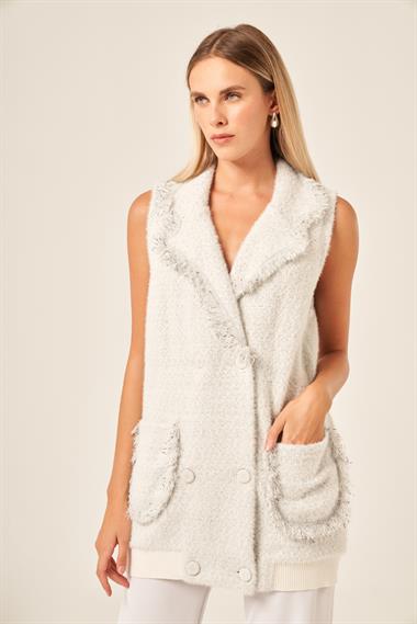 FTZ Women Kadın Kruvaze Düğme  Detaylı Yelek  Ekru 20763