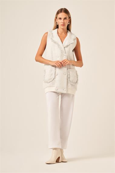 FTZ Women Kadın Kruvaze Düğme  Detaylı Yelek  Ekru 20763