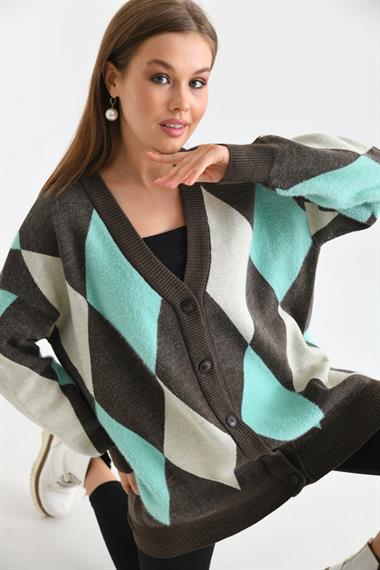 FTZ Women Ftz Women Kadın Baklava Desenli Hırka  Kahve 20019