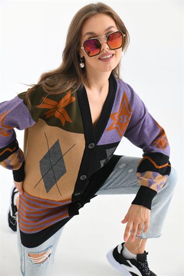 FTZ Women Kadın Etnik Desen Hırka  Siyah 21-6313