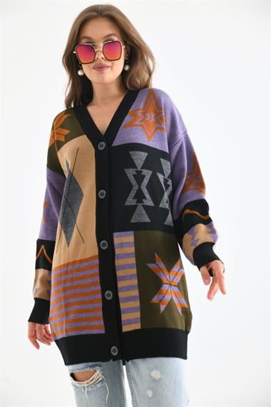 FTZ Women Kadın Etnik Desen Hırka  Siyah 21-6313