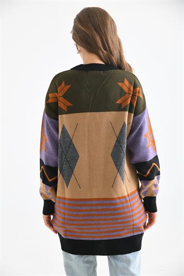 FTZ Women Kadın Etnik Desen Hırka  Siyah 21-6313