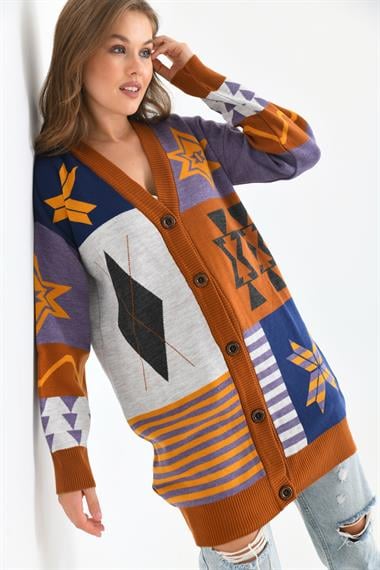 FTZ Women Kadın Etnik Desen Hırka  Kiremit 21-6313